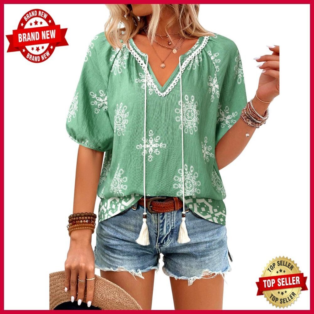 Loose Fit V-Neck Blouse with Floral Print, Puff Sleeves, and Tie Front
